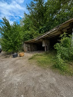Der Nachher-Zustand nach der Räumung. Der Bereich vor dem alten Holzschuppen ist komplett vom Müll befreit und besenrein. Der geschotterte Boden ist wieder frei begehbar. Vor dem Schuppen stehen lediglich noch ein schwarzer Mörtelkübel und ein Weidenkorb. Sattes grünes Blattwerk umrahmt die aufgeräumte Szene.